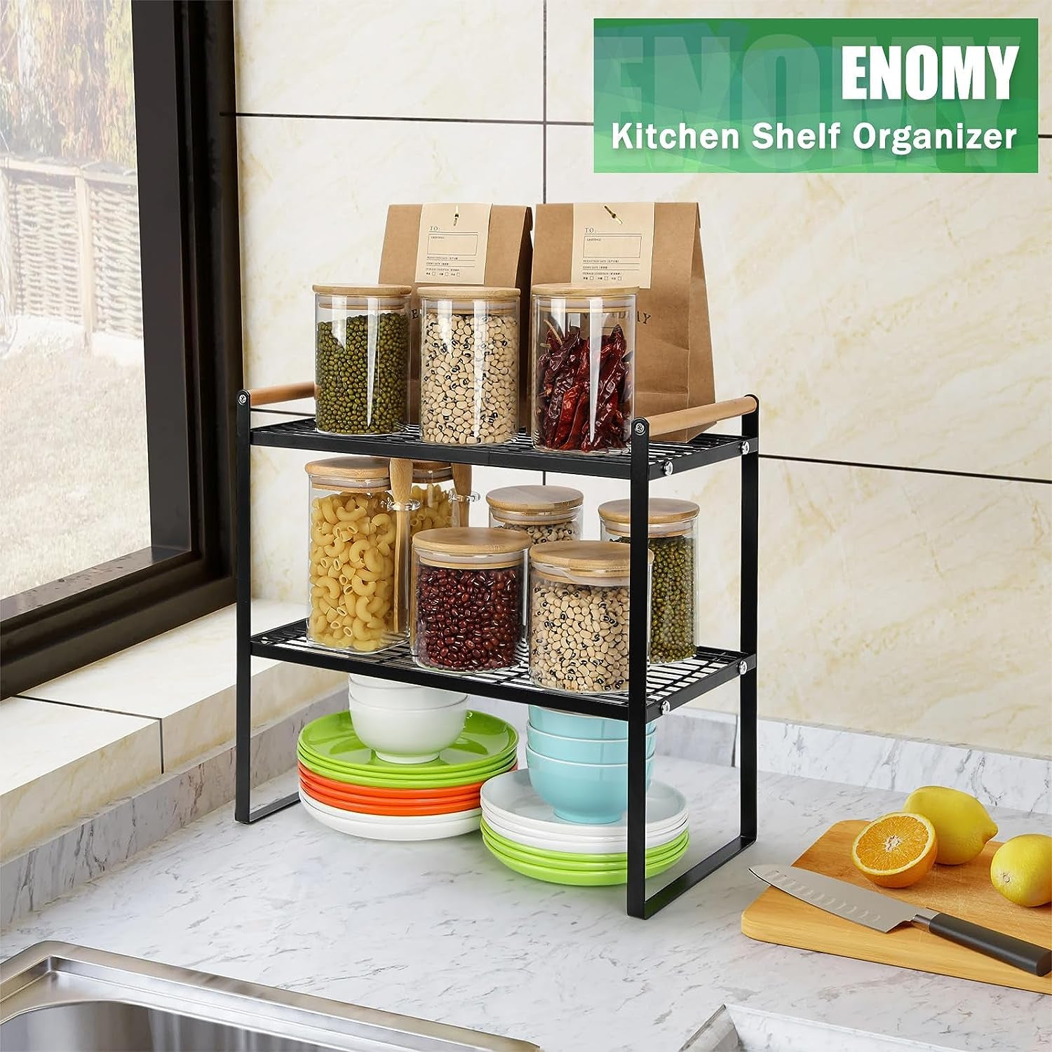 Sturdy Black Kitchen Cabinet Shelf Organizers - Multi-Purpose Stand for Cupboards, Pantries, and Bathroom Countertops; Includes Shelves for Organizing and Storing Items like Spices and Kitchen Essentials.