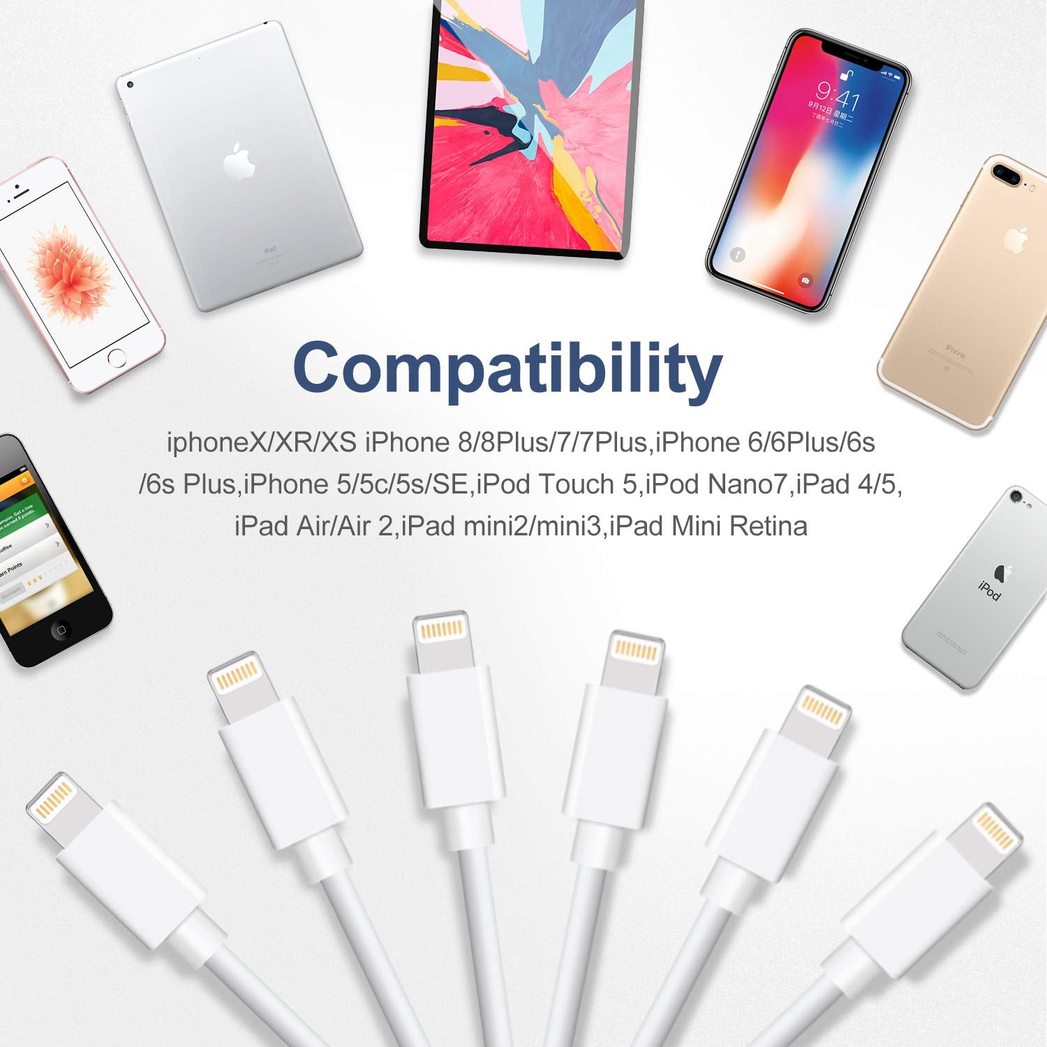 6-Pack 3FT Lightning Cable for iPhone - Compatible with iPhone Xs MAX XR X 8 8Plus 7 7Plus 6s 6sPlus 6 6Plus SE 5 SE, iPad, iPod & More - White
