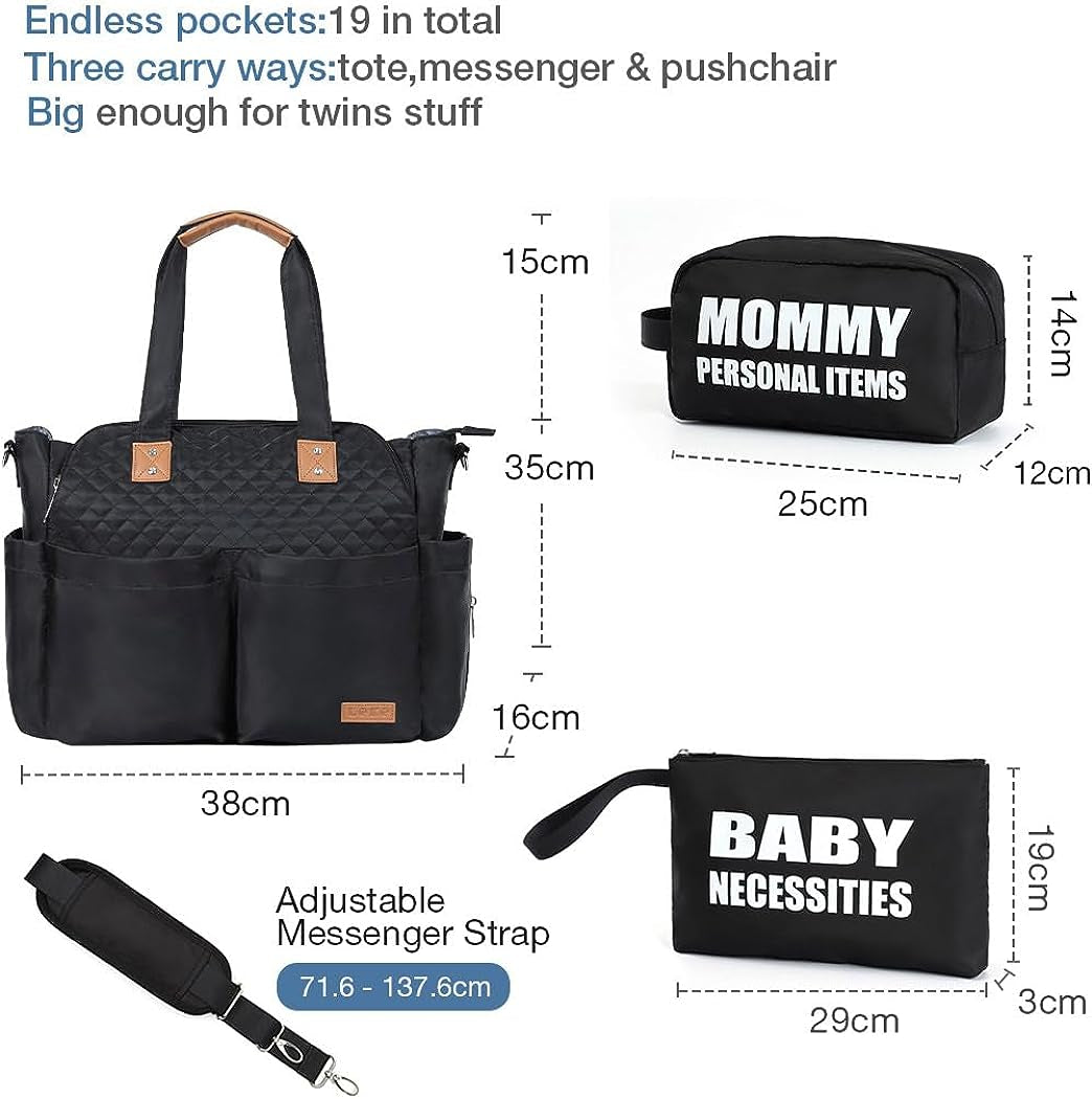 Spacious Diaper Bag Tote for Moms - Large Capacity Women's Diaper Bag with Changing Pad and Stroller Straps, Stylish Black Design