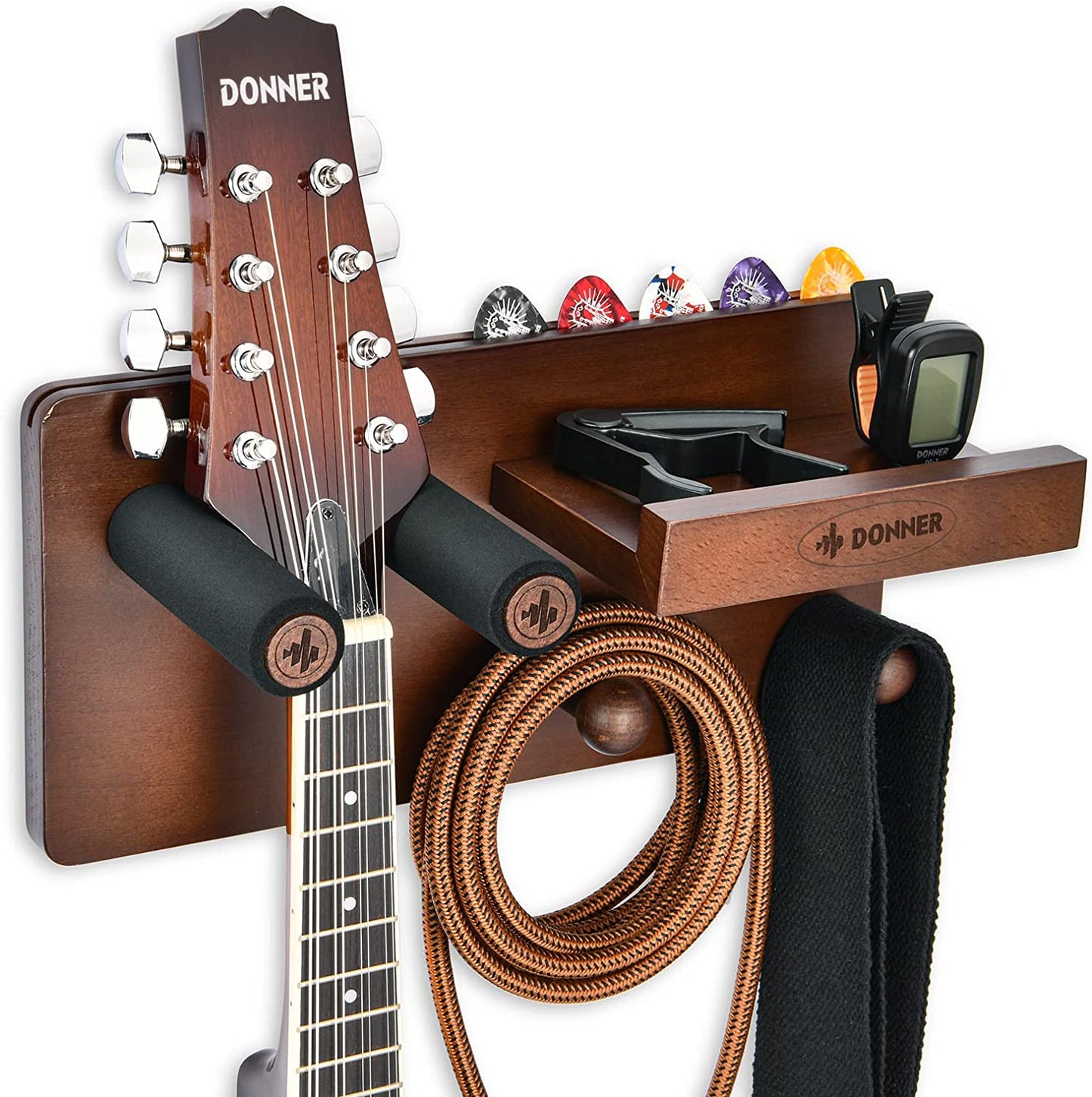 Guitar Wall Mount Shelf - This Guitar Wall Hanger comes with a Storage Shelf, Pick Holder, and 2 Hooks. It's designed for securely hanging Electric Guitars, Acoustic Guitars, Bass Guitars, and Guitar Accessories while also providing storage space.