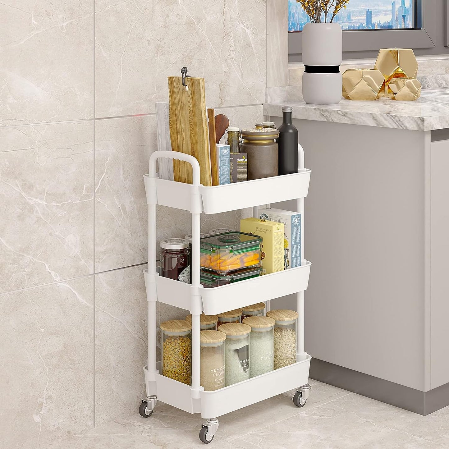 3-Tier Multifunction Kitchen Rolling Utility Cart - Storage Organizer with Handle and 2 Lockable Wheels for Kitchen,Bathroom,Living Room,Office,White