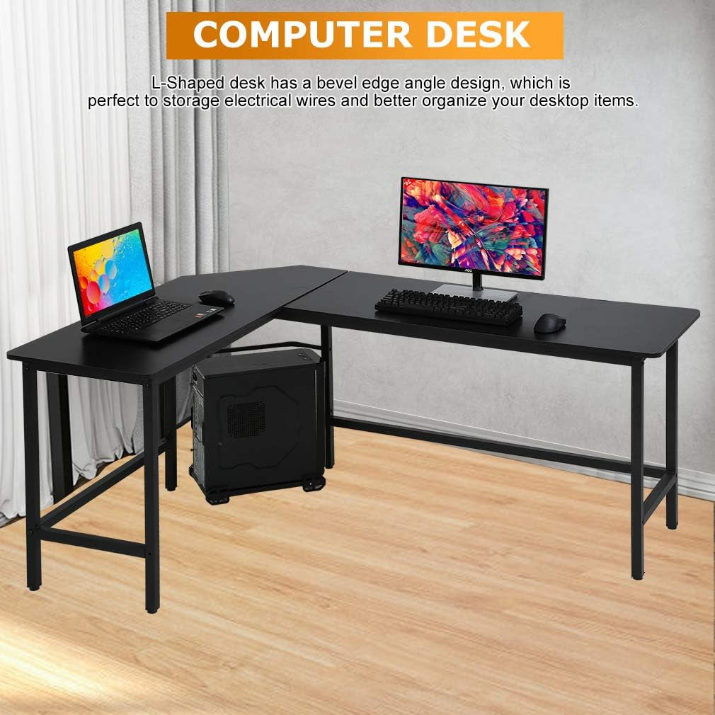 Large L-Shaped Gaming Desk with Wood Finish, Corner Office Desk for PC, Home Office, and Study Workstation (Black)