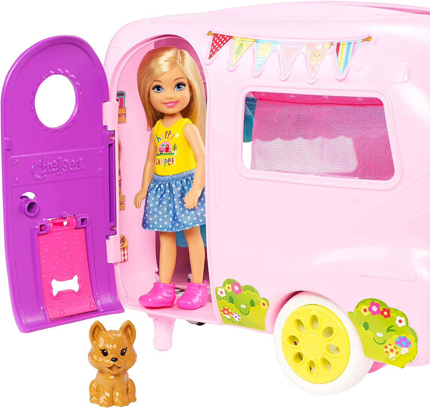 Club Chelsea Toy Car & Camper Playset - Includes Blonde Chelsea Small Doll, Puppy, and 10+ Accessories. Unhitch & Open for Campsite Fun.