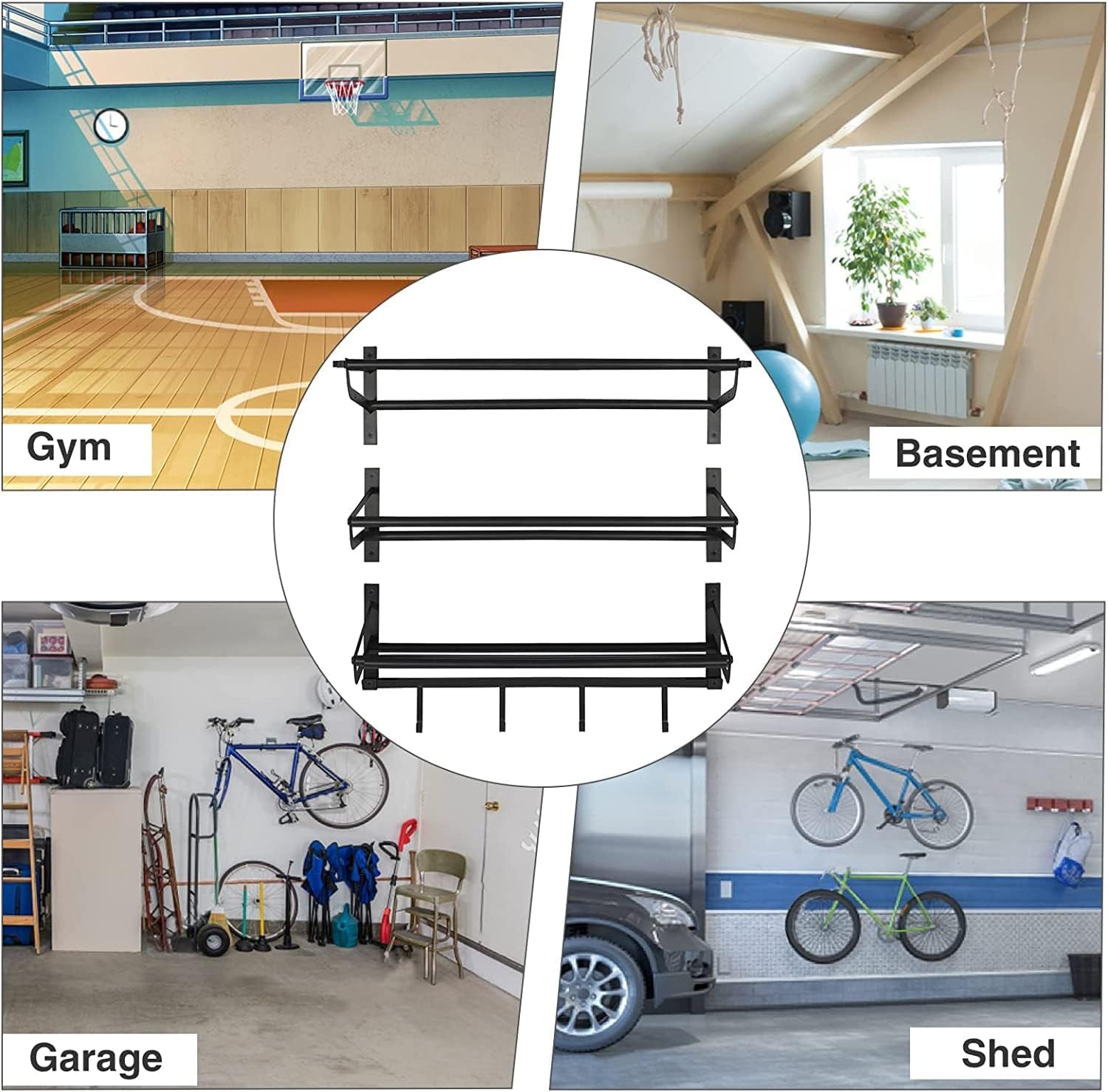 Wall-Mounted Sports Equipment Storage Shelf: Garage Ball Storage Rack with Hooks for Basketball, Black