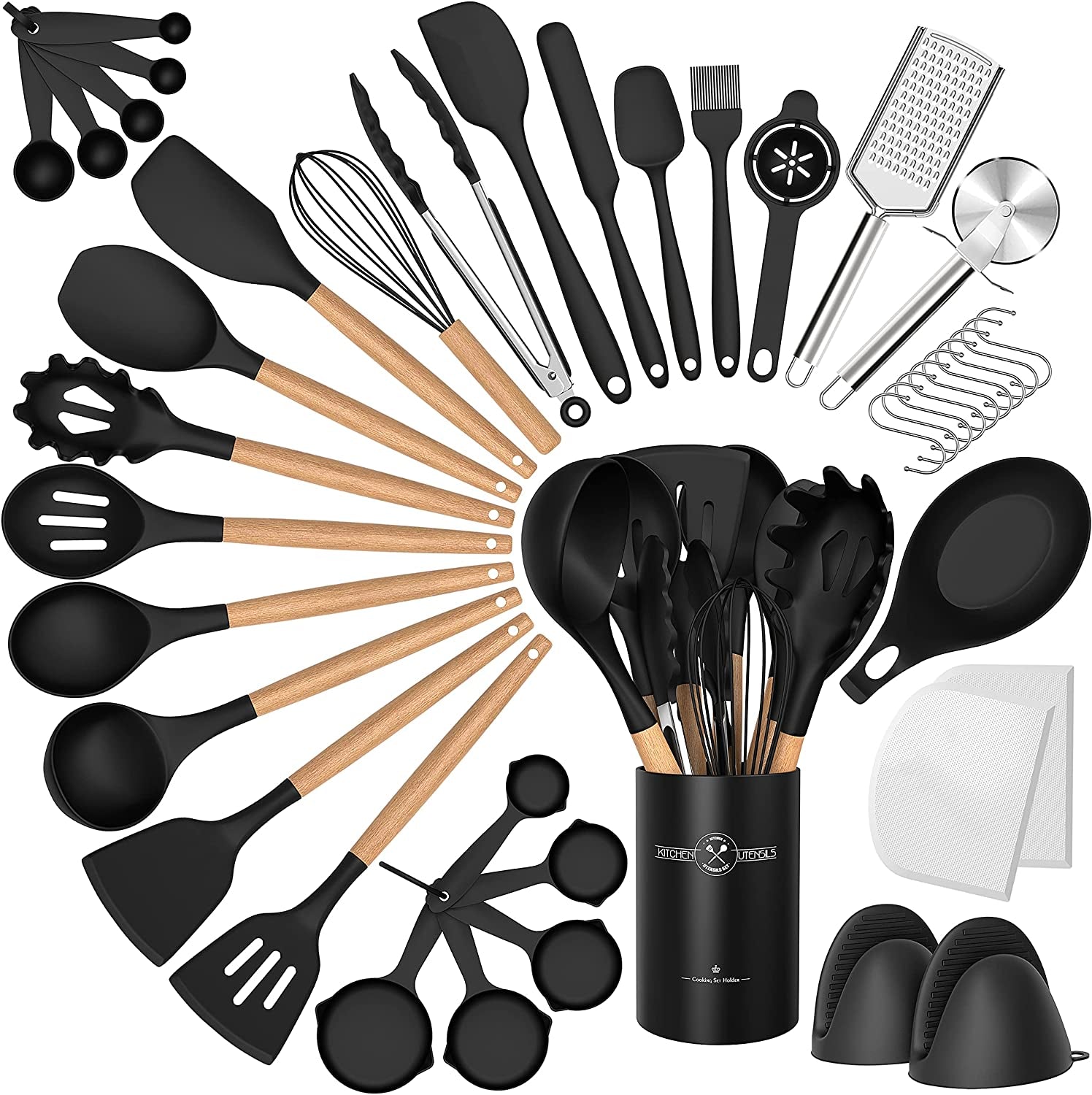 43-Piece Silicone Cooking Utensils Set - Non-Stick and Heat Resistant Kitchen Utensils Spatula Set with Wooden Handles, Ideal for Baking, Cooking, and Mixing; Complete with Holder, Black Color.