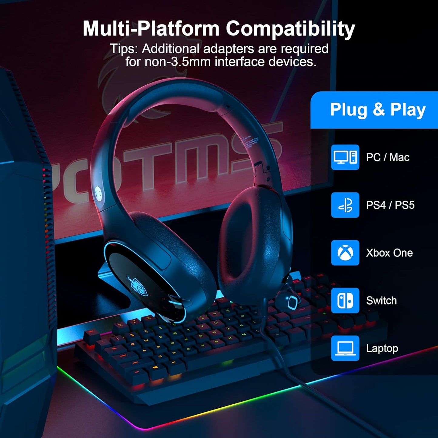 Premium Gaming Headset with 7.1 Surround Sound, Noise Cancelling Mic, and LED Light - Compatible with PC, PS4, PS5, Nintendo Switch, and More (Blue)