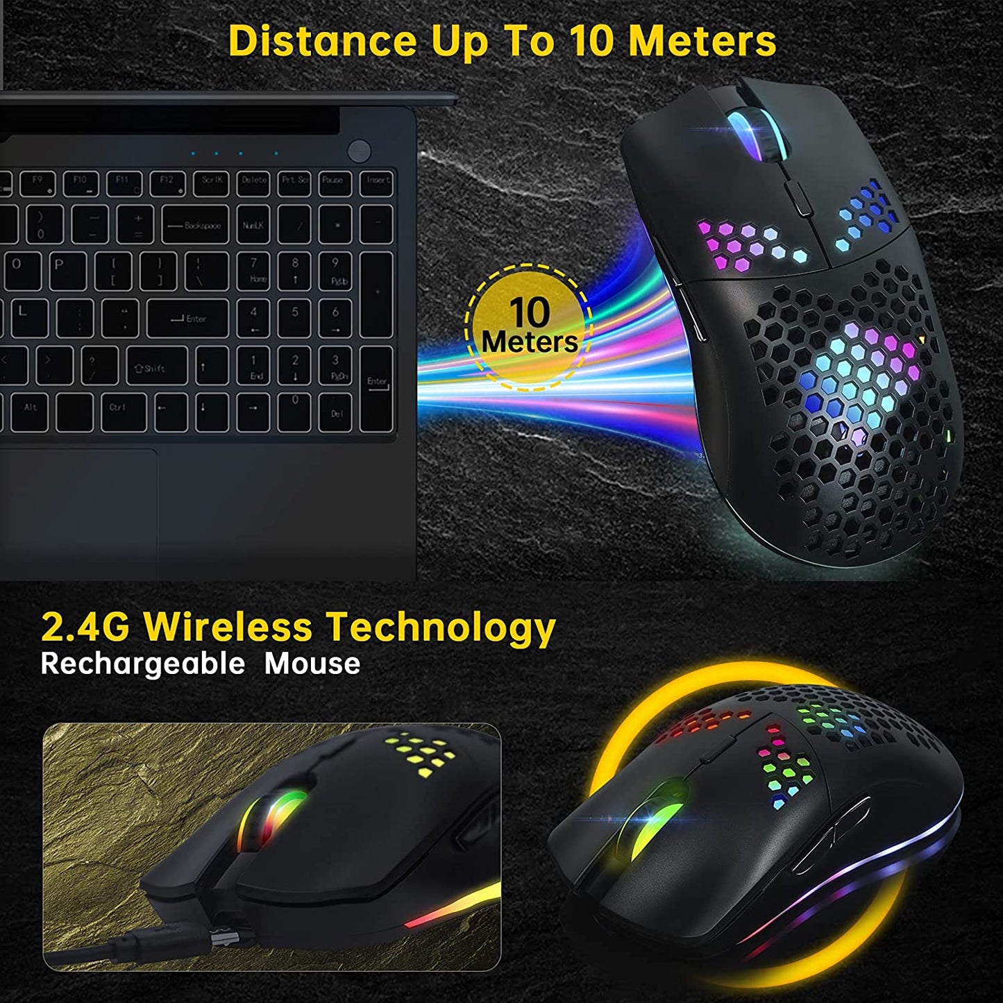 Wireless Gaming Mouse with Honeycomb Shell, 11 RGB Backlit, 3,400 DPI, 6 Programmable Buttons, USB Receiver, Power Saving, Wireless Mouse for PC/Mac/Laptop in Black