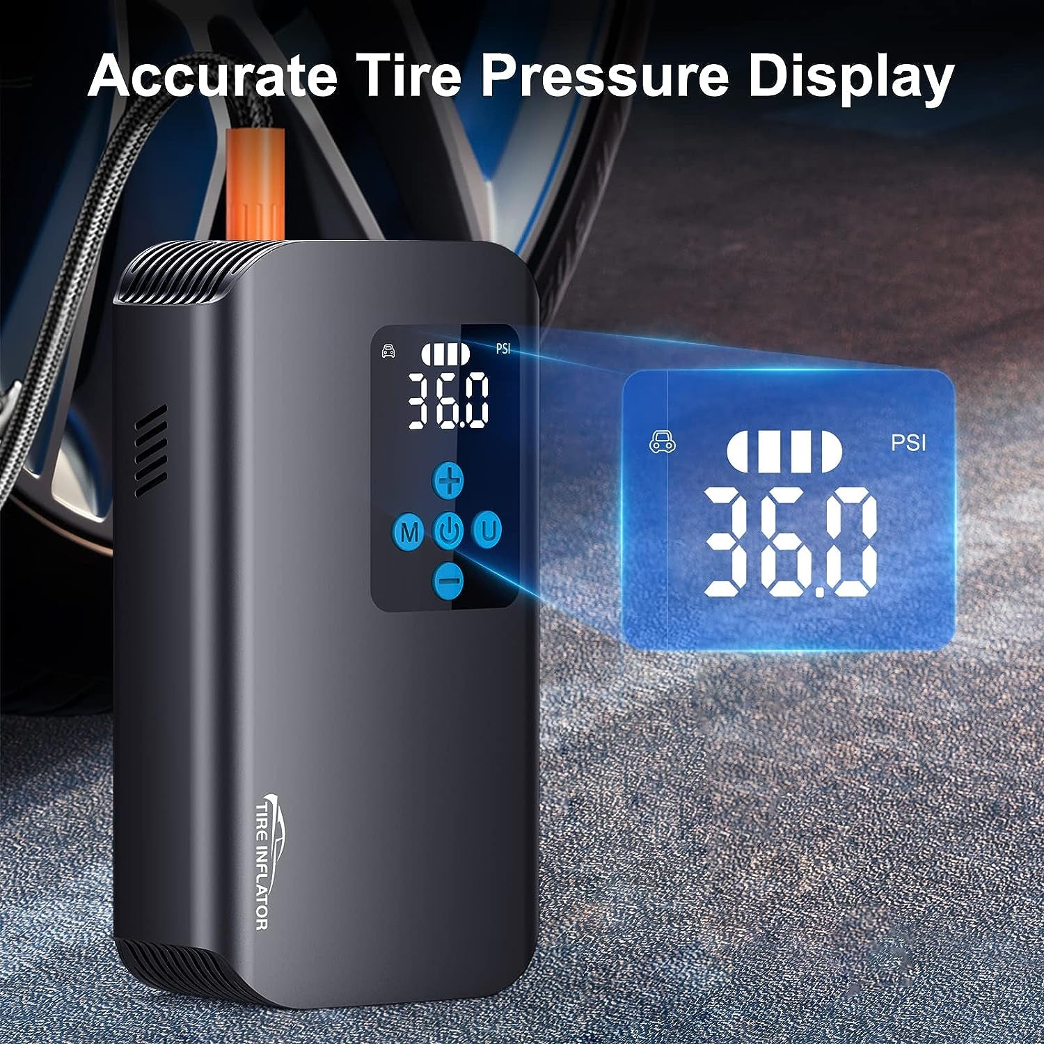 Cordless Air Compressor Tire Inflator with Pressure Gauge - Portable Air Pump for Car Tires, Bike, Motorcycle, and Ball Inflation - 150 PSI Electric Tire Pump with 7800mAh Battery.