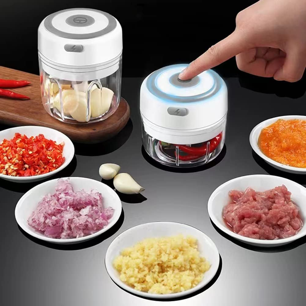 Mini Electric Food Processor: Perfect Kitchen Tool for Chopping Vegetables, Pepper, Onion, Garlic, Ginger, Spices, Meat, and Making Baby Food. It has a 250ML capacity, is USB rechargeable, and measures 3.42 x 3.8 inches.