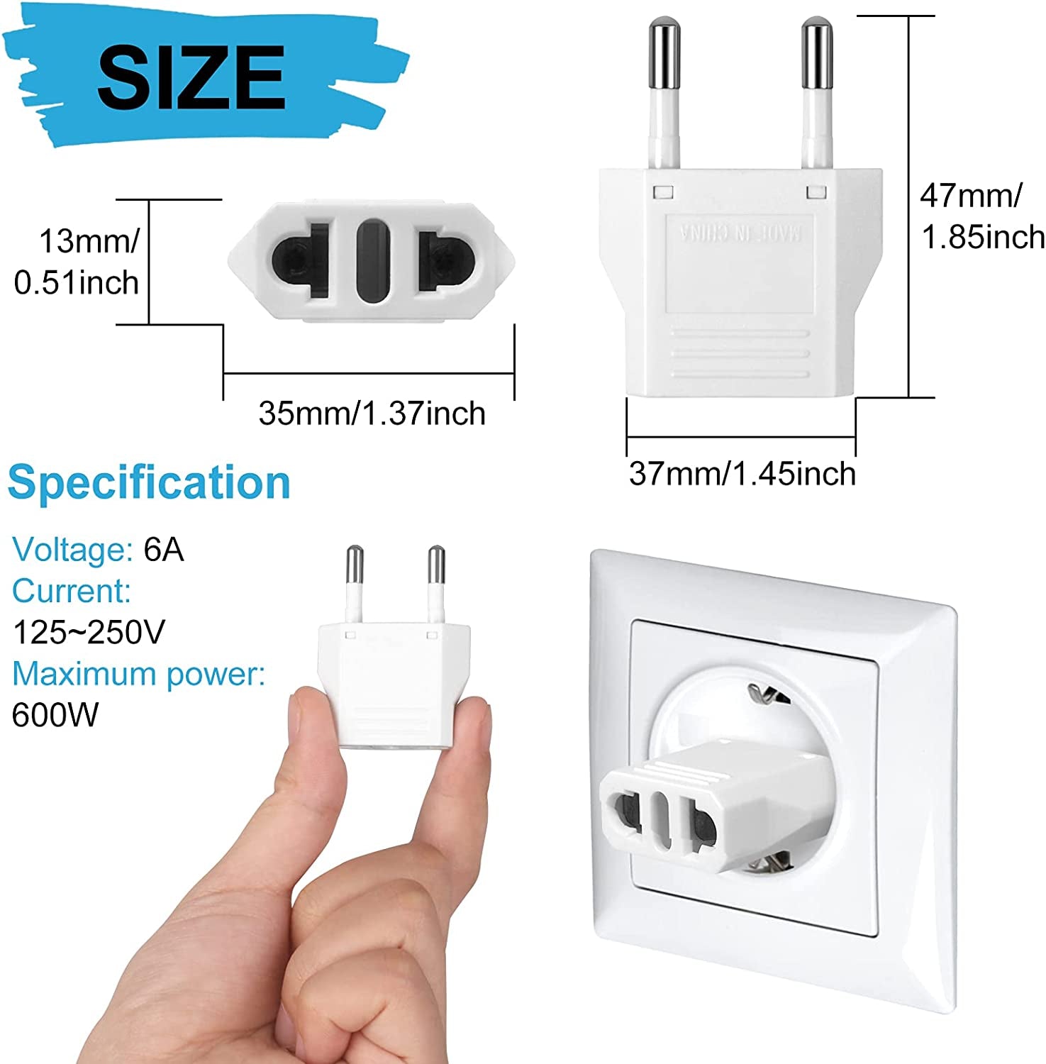 6 Pack European Plug Adapter, US to Europe Plug Adapter, European Adapter Type C Plug Adapter, Travel Adapter Europe, European Outlet Wall Plug Adapter Power Converter (White)