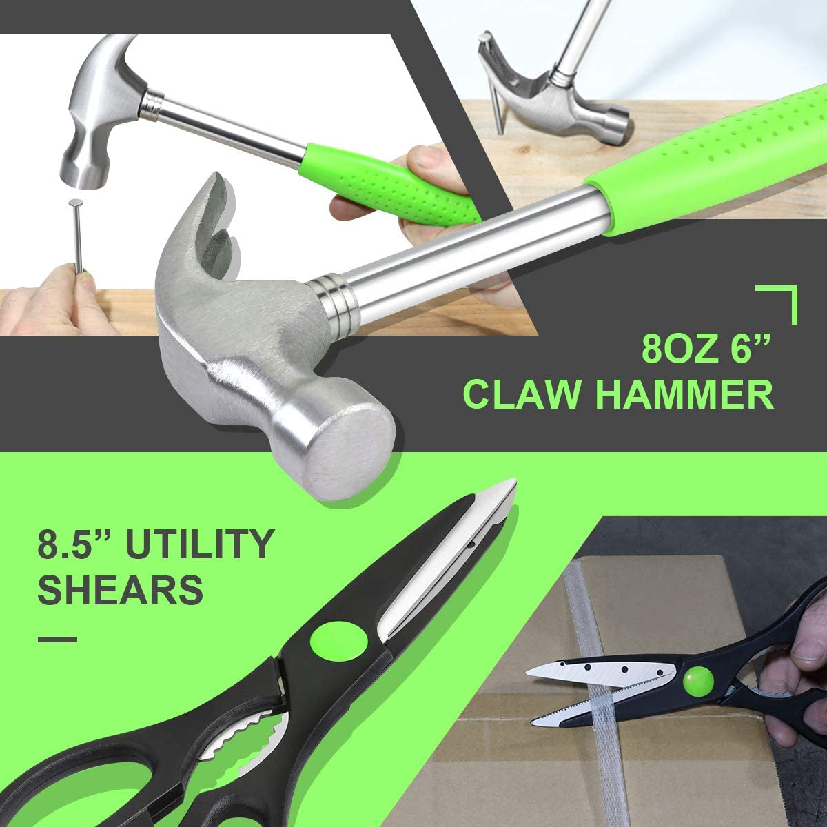 Green 39-Piece Portable Tool Kit: Includes Household Hand Toolbox with General Repair Tools such as Screwdriver, Pliers, Hammer, and Hex Keys.