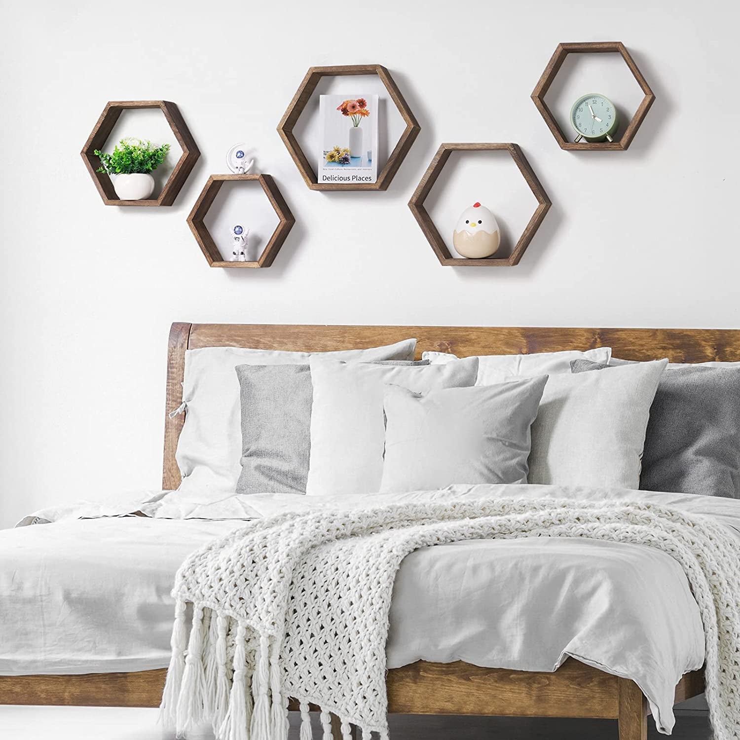 Set of 6 Hexagon Floating Shelves - Farmhouse Honeycomb Wall Storage Shelves made from Wood. These Hexagonal Shelves are Wall Mounted, Hanging, and add a Rustic Touch to Bedroom, Living Room, Hallway, and Office Decor in Brown.