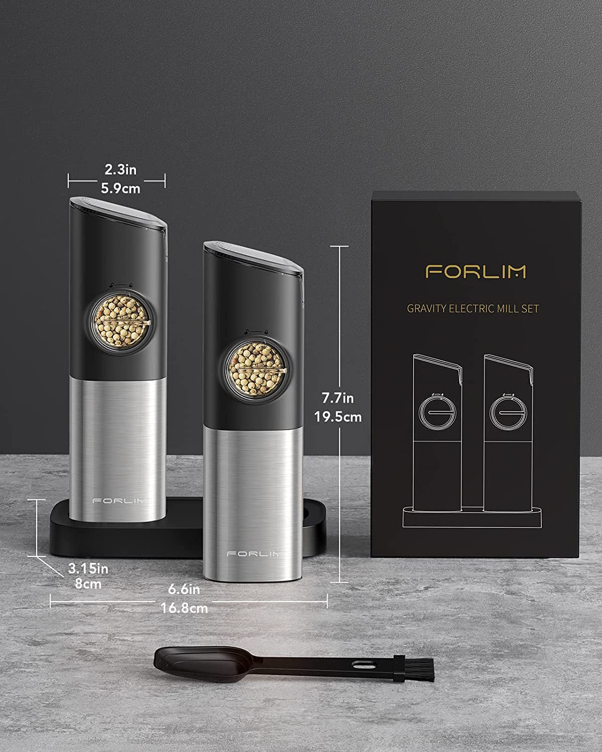Rechargeable Salt and Pepper Grinder Set with Charging Base - Automatic Electric Pepper Mill, Adjustable Coarseness, Auto Dust Lids, LED Light, USB Type-C Cable - One-Handed Operation - Set of 2