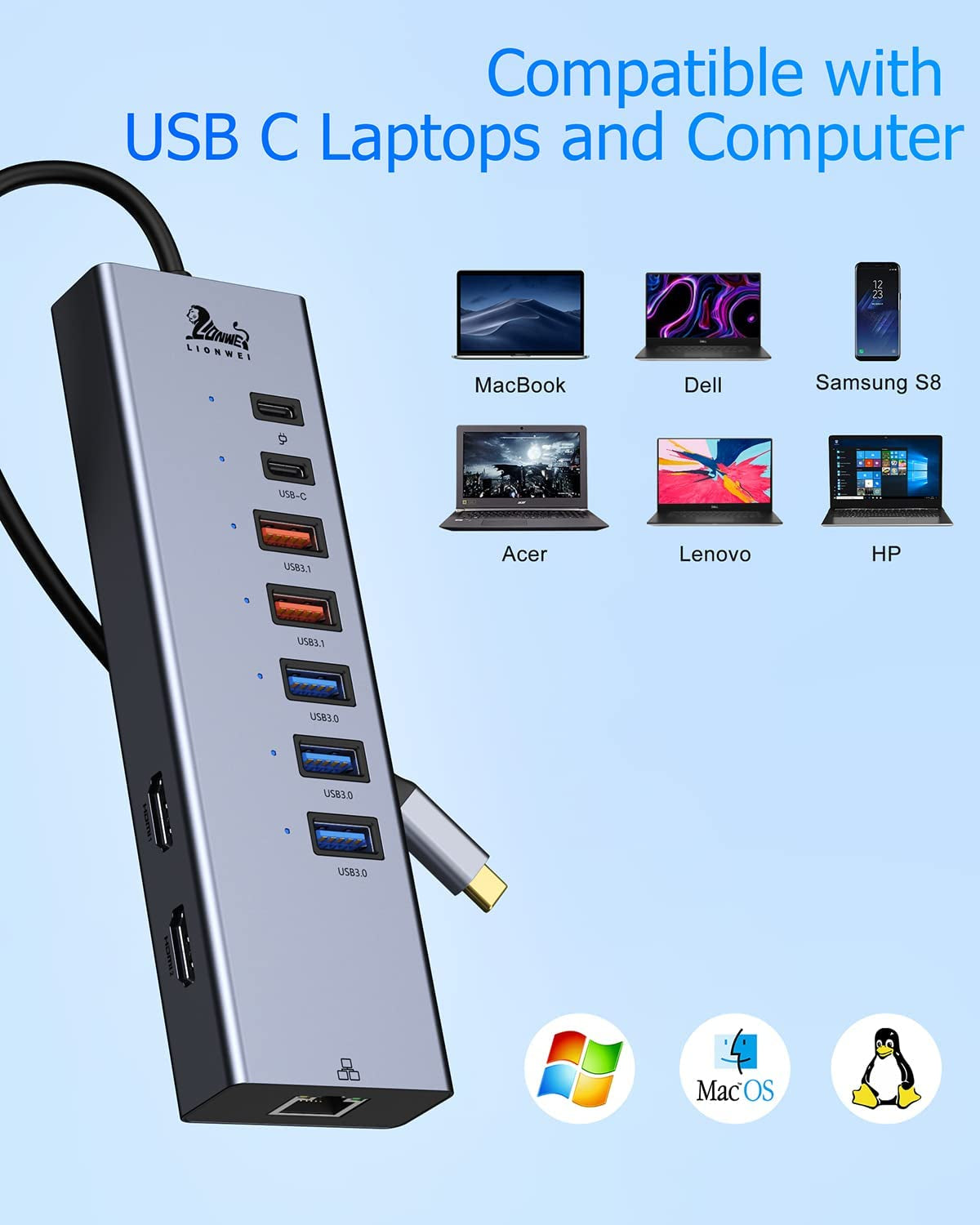 10-in-1 USB C Docking Station with Dual Monitor Support, HDMI Adapters, Ethernet, and High-Speed USB Connectivity for Dell, HP, Lenovo, and MacBook