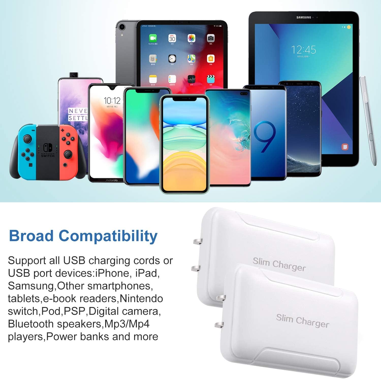 Dual Port USB Wall Charger with Foldable Plug - Slim, Portable Travel Adapter for iPhone, Samsung Galaxy, Nokia, Moto, Pixel, and More - White