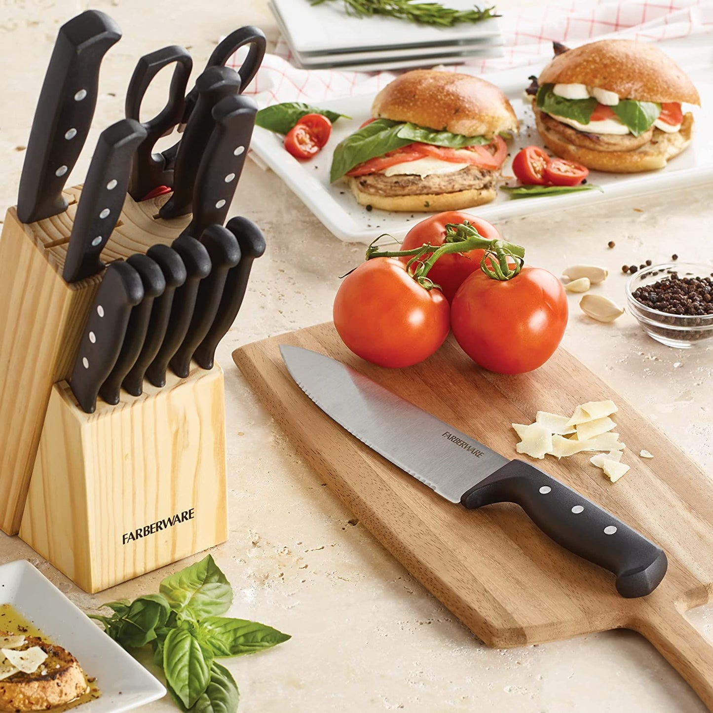 22-Piece Black Knife Block and Kitchen Tool Set: High-Carbon Stainless Steel with Triple Rivet Construction, Never Needs Sharpening.