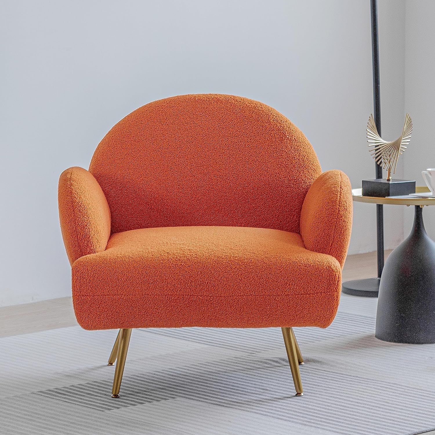 Orange Accent Sherpa Chair - Comfy Modern Armchair with Golden Metal Legs Mid-Century Sofa Chair