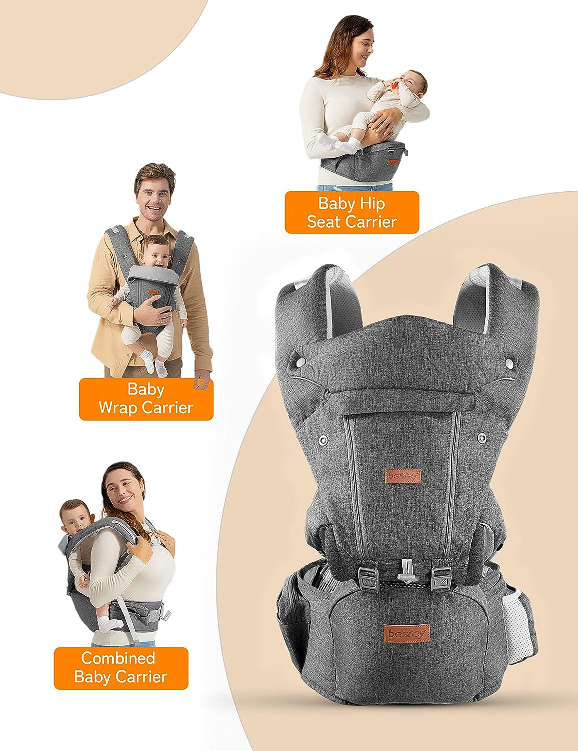 Baby Carrier with Hip Seat - Newborn to Toddler - Back Support - Kangaroo Style - Plus Size Friendly - Front & Backpack Carrying