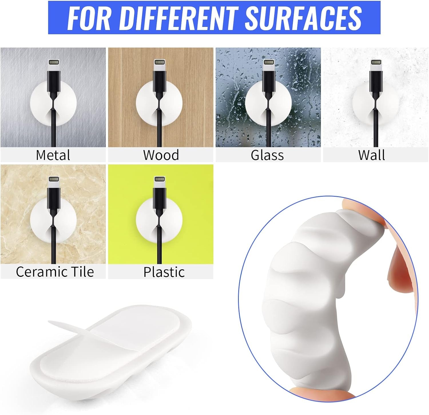 Cable Clips 16 Pack - Self Adhesive Cord Organizer for USB Charging Cables, Power Cord, Mouse Cables, Headphone Cords - White