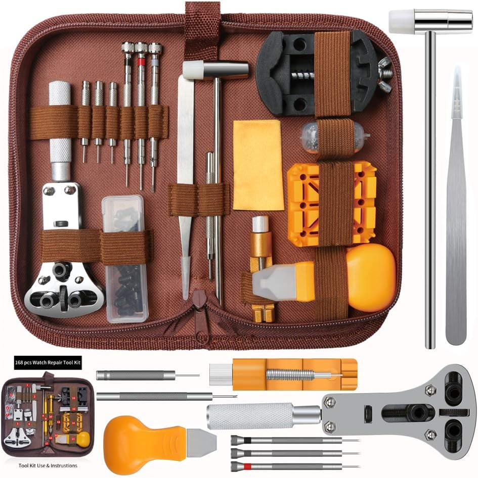 Watch Repair Tool Kit with Watch Band Remover, Strap Link Pins, and Battery Replacement Tools - Complete Set with Carrying Case (168 Pieces)