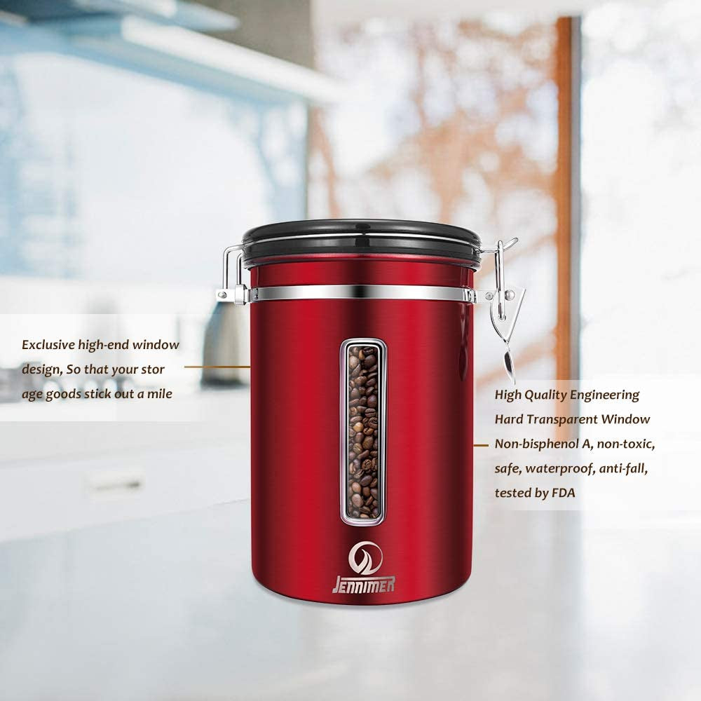 Stainless Steel Large Coffee Canister - Airtight Coffee Storage Container with Transparent Window, Date Tracker, CO2-Release Valve, and Measuring Scoop - Ensures Freshness for Your Coffee - Red Color