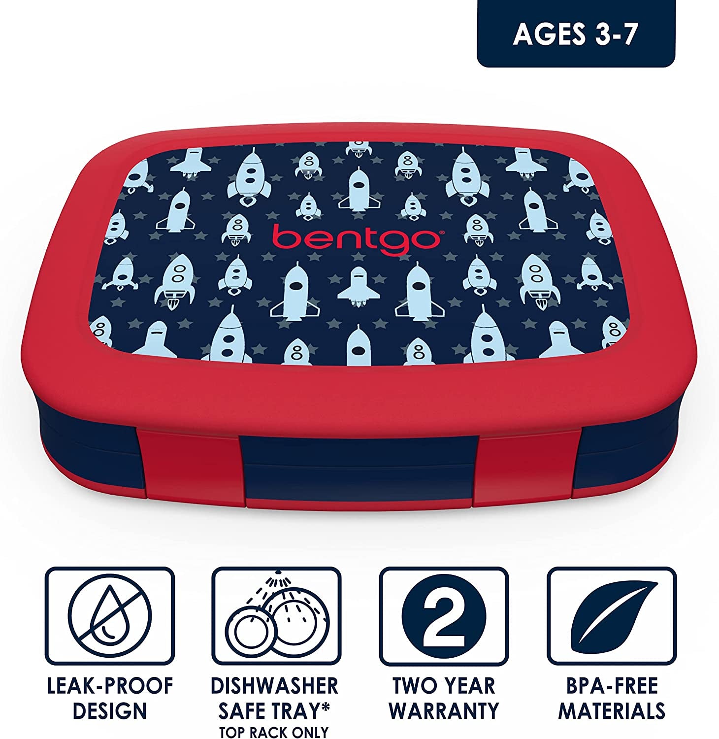 Kids Prints (Space Rockets) - Leak-Proof, 5-Compartment Bento-Style Lunch Box for Children - Optimal Portion Sizes for Ages 3 to 7 - Made with BPA-Free and Food-Safe Materials