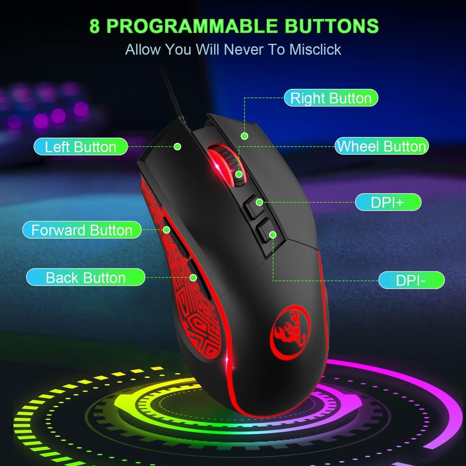 4-in-1 Gaming RGB Wired Keyboard and Mouse Combo - USB Gaming Keyboard with Compact 61 Keys and RGB LED Backlighting, along with a Gaming Mouse with 6400 DPI. Designed for Nintendo, Windows PC Gamers, and PS4.
