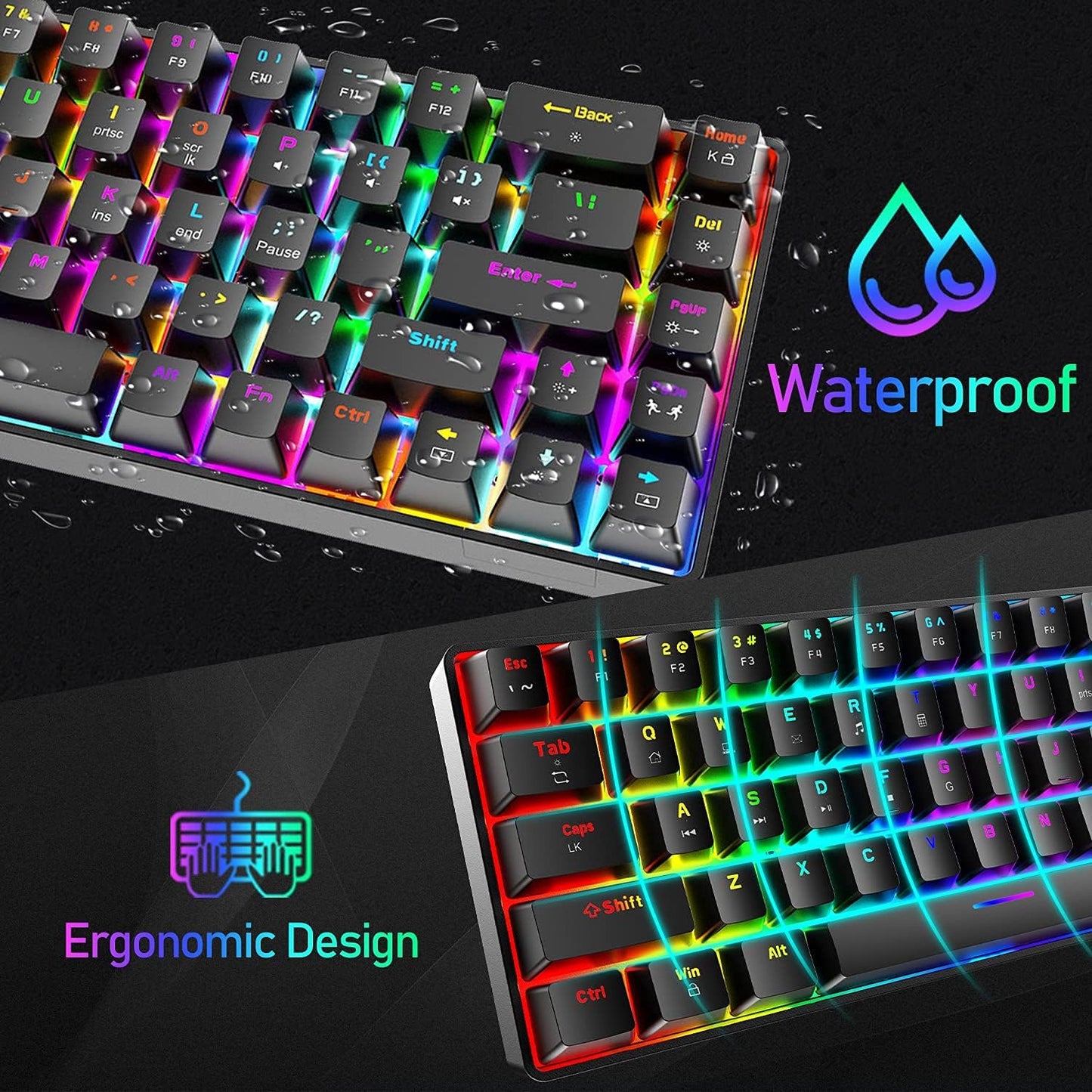 60% Mechanical Gaming Keyboard and Mouse Combo: Ergonomic Mini Anti-Ghosting 68Key with 18 Chroma RGB Backlight. Includes Honeycomb Mice with 6400DPI and Type-C Wired Connection. Ideal for PC, Mac, Gamer  Black+Red