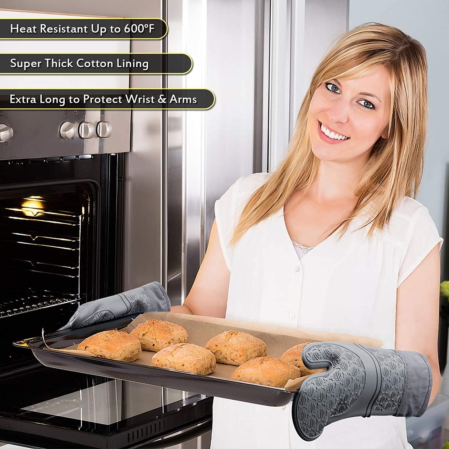 Heat-Resistant Silicone Oven Mitts & Pot Holders Set - Withstands Temperatures up to 600°F, Extra-Long Oven Gloves for Flexible Use in Kitchen Cooking, Baking, Grilling, and Microwave, Features Quilted Liner for Comfort and Non-Slip Grip, BPA-Free Design