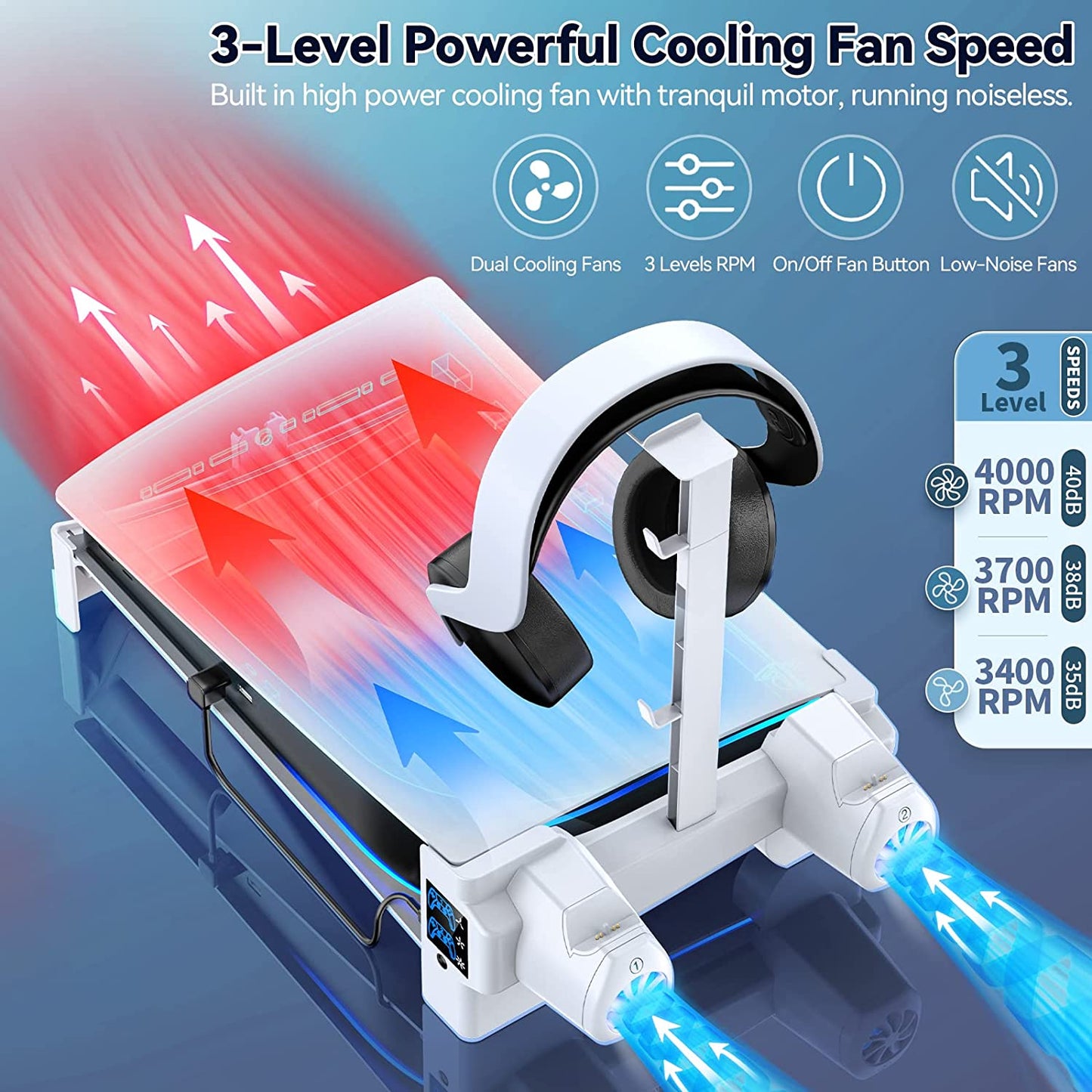 Playstation 5 (PS5) Horizontal Stand with 3-Level Cooling Fans - Enhanced Cooling Solution for PS5 Console, Controller Charging Station Designed for PS5 Edge Controller, PS5 Cooling Station with Headset Holder