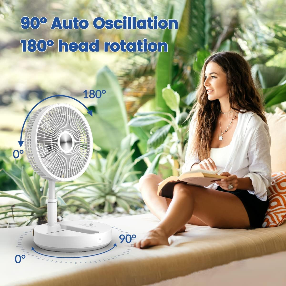 10-Inch Oscillating Fan with Remote, Adjustable Height, USB Rechargeable, 4 Speeds, 8-Hour Timer Setting for Bedroom, Home Office, Outdoor Camping, Tent Travel, White