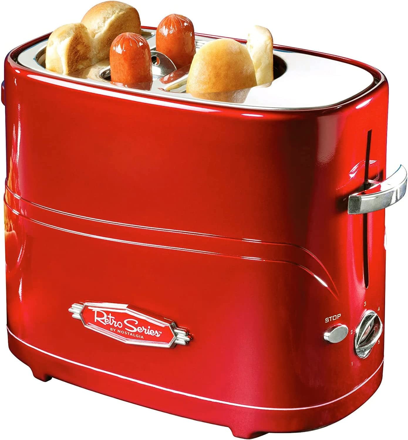 Retro Red 2-Slot Hot Dog and Bun Toaster with Mini Tongs: Perfect for Toasting Hot Dogs, Chicken, Turkey, Veggie Links, Sausages, and Brats