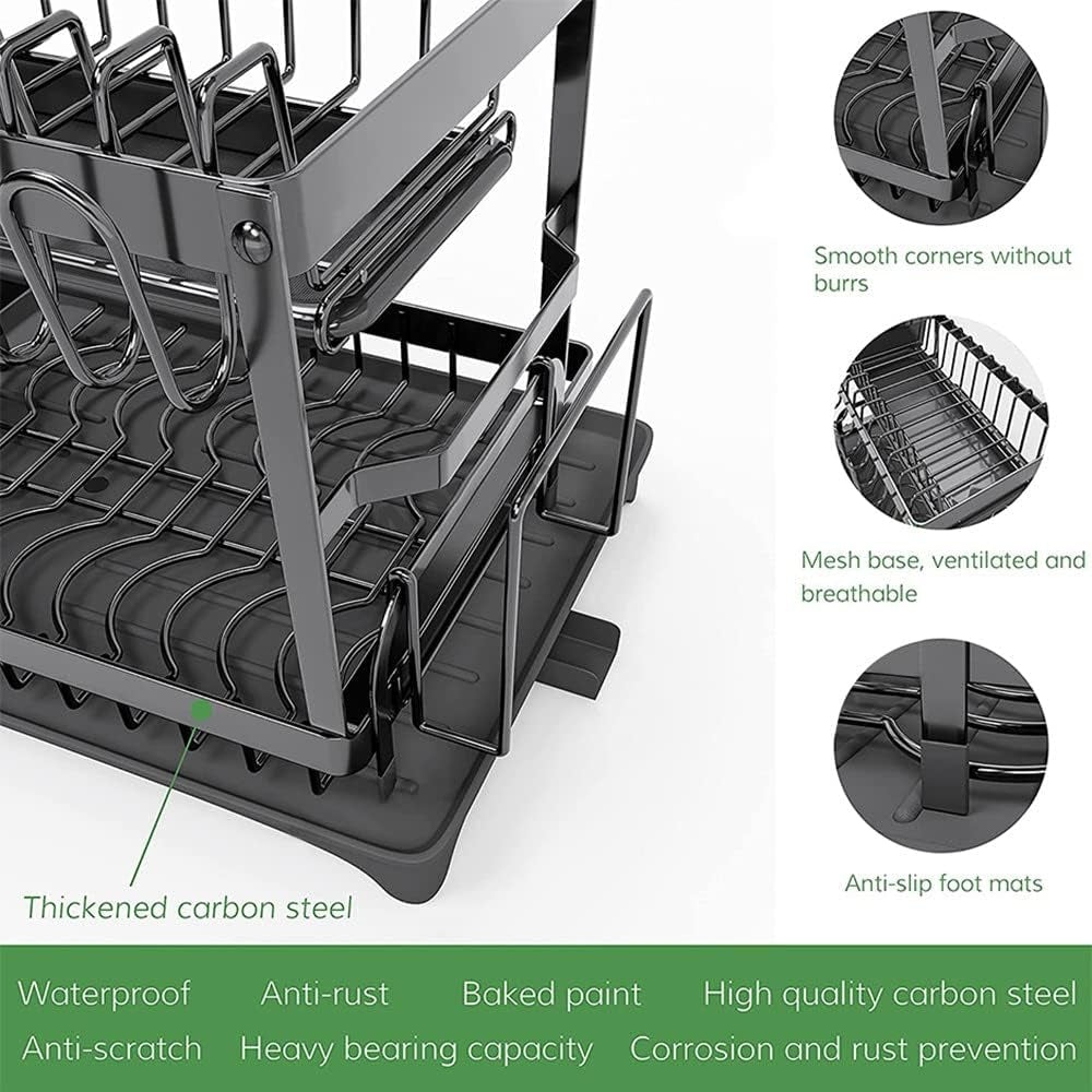 2-Tier Dish Rack for Kitchen Counter - Includes Drainboard, Convenient Dish Drying Rack Design, Perfect for Kitchen Counters, Available in Black Color.