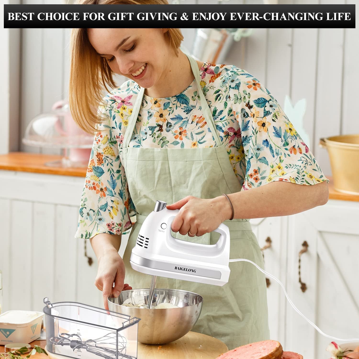 300W Ultra Power Electric Hand Mixer with 5 Self-Control Speeds + Turbo Boost - Includes 5 Stainless Steel Attachments for Baking - White Color