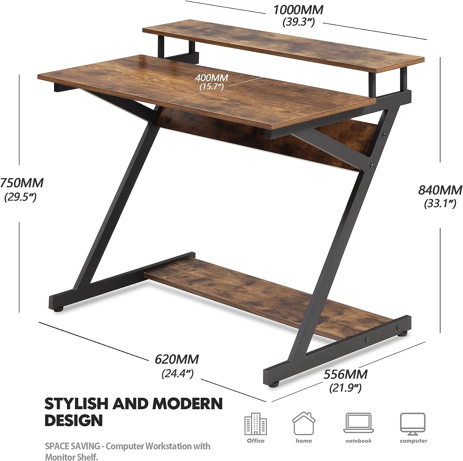 Adjustable Gaming Desk Workstation: Mobile Study and Writing Desk with Monitor Shelf in Rustic Brown Finish