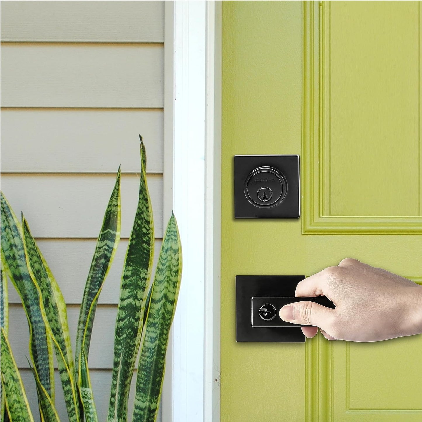 Modern Matte Black Entry Lever Door Locks with Deadbolt - Includes Square Exterior Front Door Handle and Single Cylinder Deadbolt as a Set.