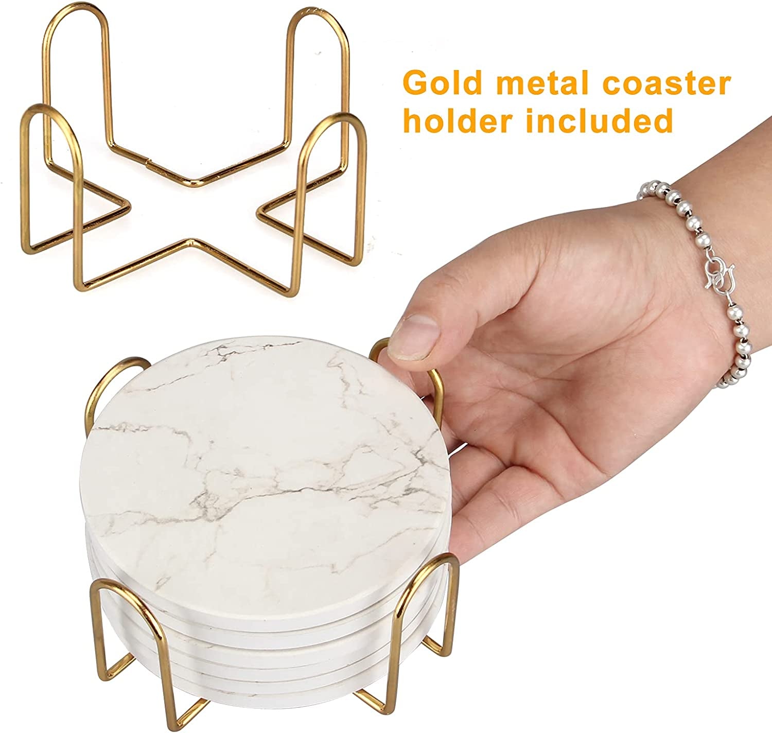 Set of 6 White Marble Coasters with Holder - Highly Absorbent Ceramic Drink Coasters, Perfect for Bars and Tables. These Modern Coasters make for a Cute and Practical Gift.