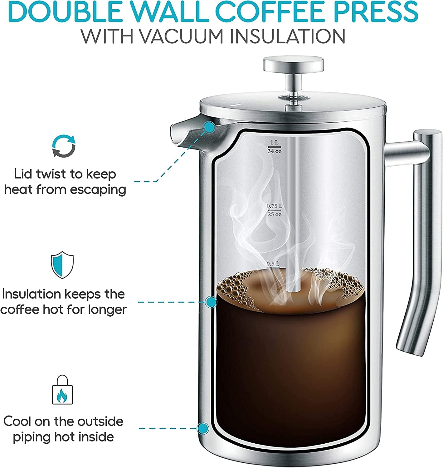 Premium French Press Coffee Maker - High-Quality Double Wall 304 Stainless Steel - Advanced 4 Level Filtration System with 2 Additional Filters - Sleek Silver Design - Generous 34oz (1L) Capacity