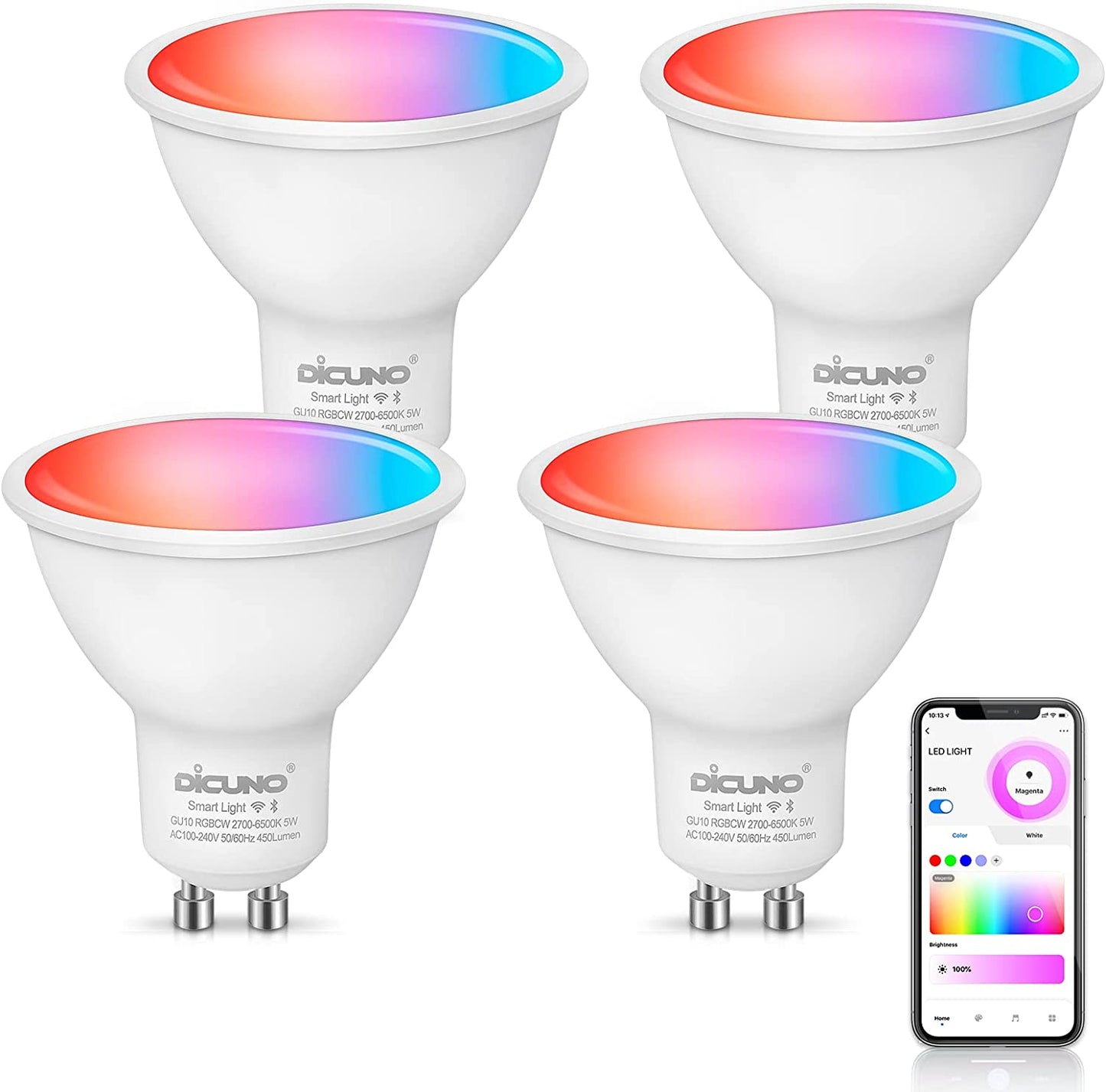 Smart Bulb GU10 4 Pack Color Changing LED Light Bulbs, Compatible with Alexa and Google Home, Dimmable Spotlights with App Control, MR16, 5W (50W Equivalent), 450 Lumens, GU10 RGBCW