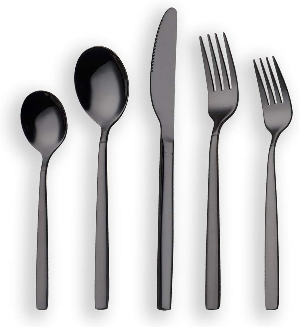 Shiny Black 20-Piece Titanium-Plated Stainless Steel Flatware Set - Includes Black Silverware Set for 4 People, Elegant Black Cutlery Set.