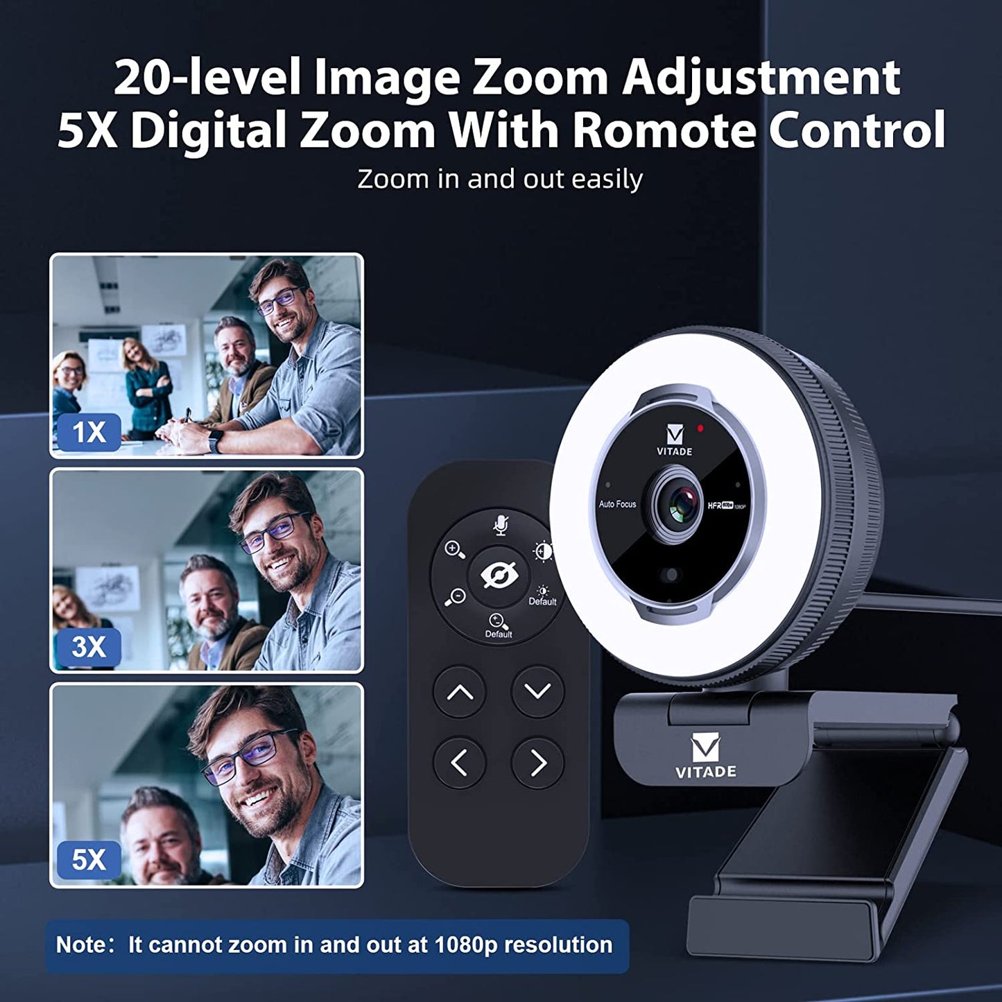 Remote-Controlled Zoom Webcam: Vitade 1080P 60FPS Streaming Webcam with Ring Light and Tripod - USB, 5X Digital Zoom - Ideal for Zoom, Skype, Teams, Laptop, Mac, Windows