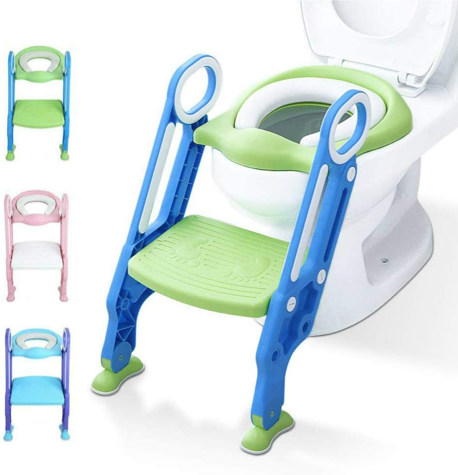 Kids Potty Training Seat with Step Stool - Soft Cushion, Sturdy Steps - Blue Green - Boys and Girls.