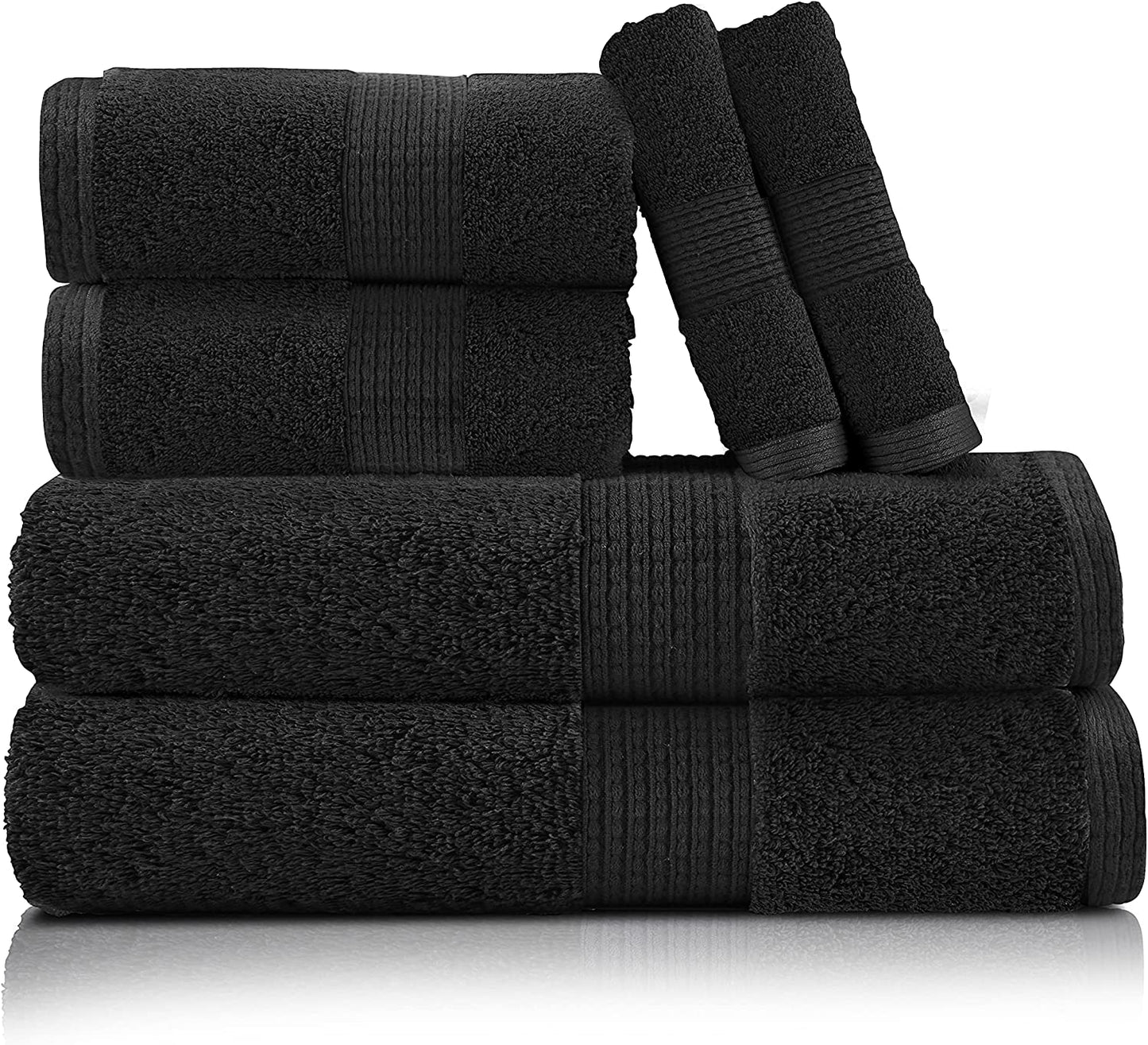 Black Bath Towels for Bathroom Set -100% Cotton 6 Pc Bath Towel Set, Super Absorbent Face Towels, Premium Towel Sets for Bathroom, Soft Bath Towels, 2 Bath Towel, 2 Hand Towels, 2 Wash Cloths