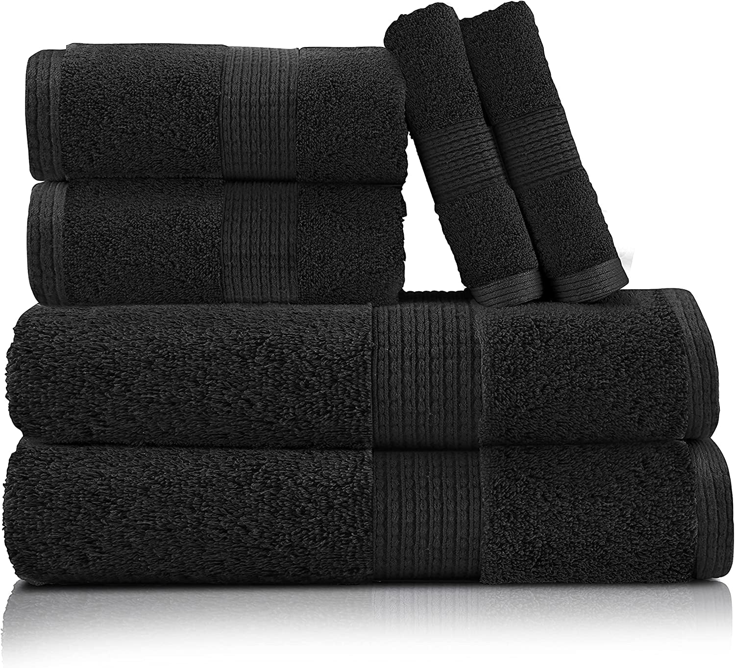 Black Bath Towels for Bathroom Set -100% Cotton 6 Pc Bath Towel Set, Super Absorbent Face Towels, Premium Towel Sets for Bathroom, Soft Bath Towels, 2 Bath Towel, 2 Hand Towels, 2 Wash Cloths