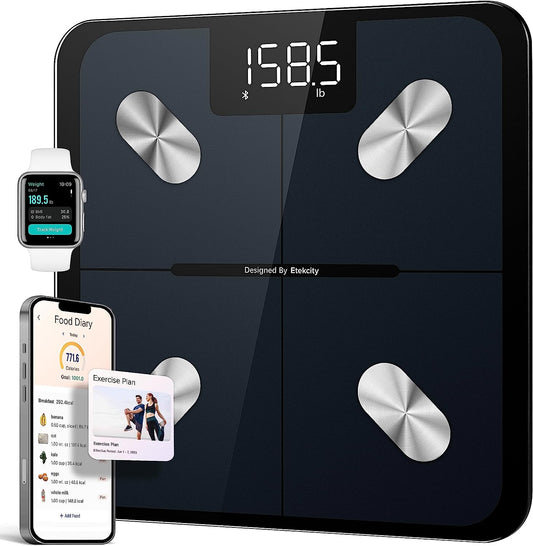Bluetooth Bathroom Digital Scale: Measures Body Weight, Body Fat, and Water Weight with BMI Analyzer - Accurate up to 400lbs, Black ESF-551.