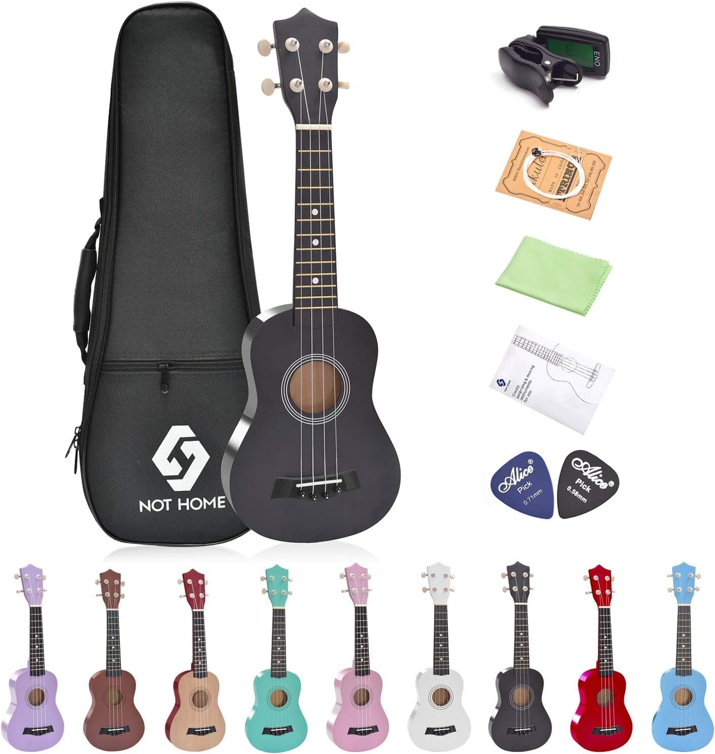 21" Soprano Ukulele - Specifically Designed for Kids, Students, and Beginners. Comes with a Carrying Bag and a Digital Tuner, available in a sleek Black finish.