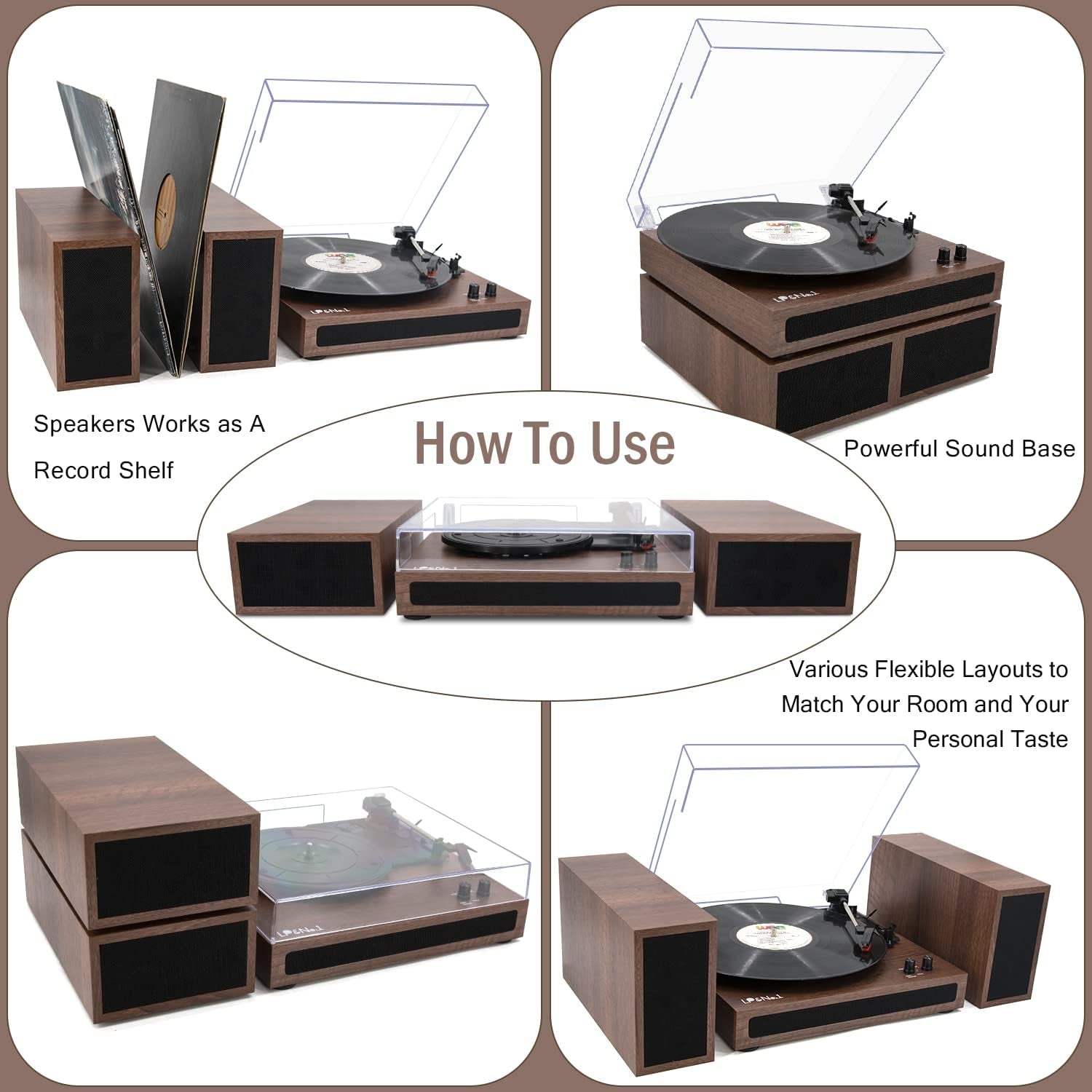 Wireless Record Player with Stereo Bookshelf Speakers - A Vinyl Record Player that supports Bluetooth, features Auto-Stop, and comes in a Walnut Wood design.