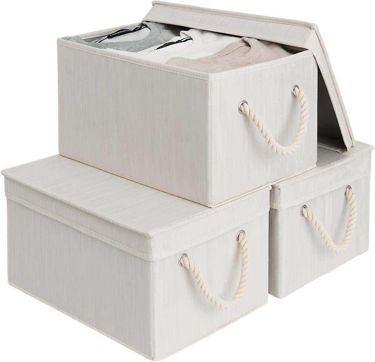 Storage Bins with Lids, Decorative Storage Boxes with Lids and Soft Rope Handles, Mixing of Beige, White & Ivory, Large, 3-Pack