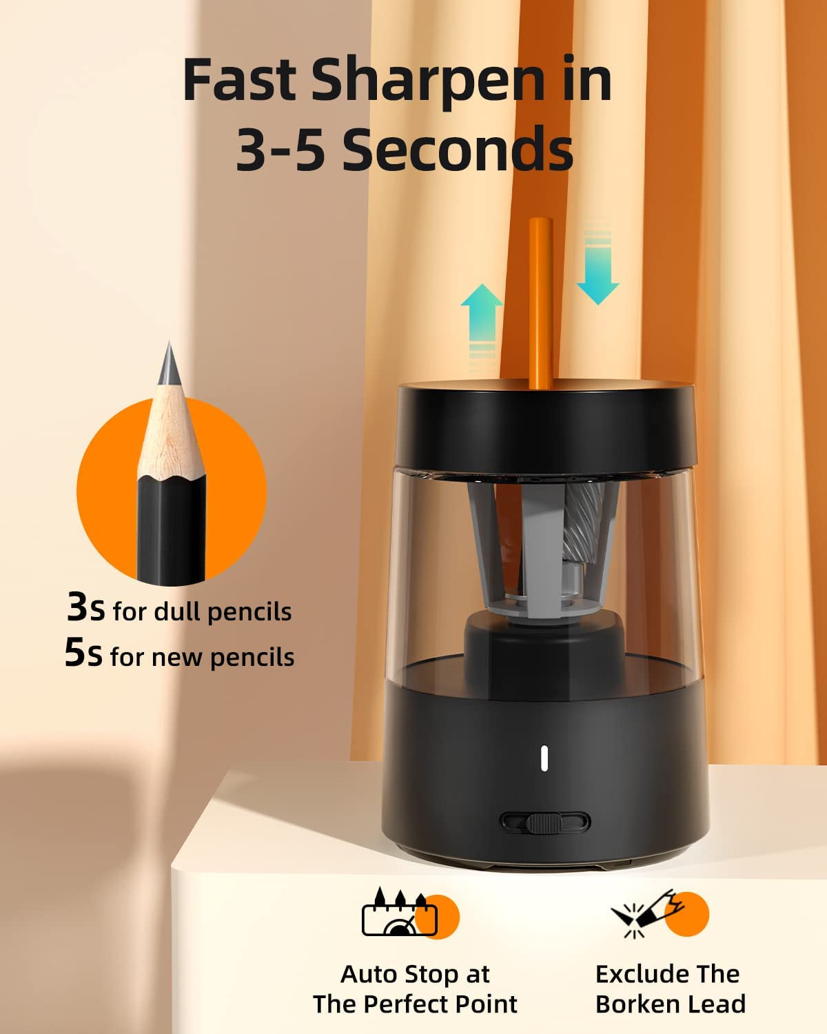 Battery-Powered Electric Pencil Sharpener - Compact and Fast Sharpening, Suitable for No.2/Colored Pencils (6-8mm) - Perfect for School, Classroom, Office, or Home Use in Black.