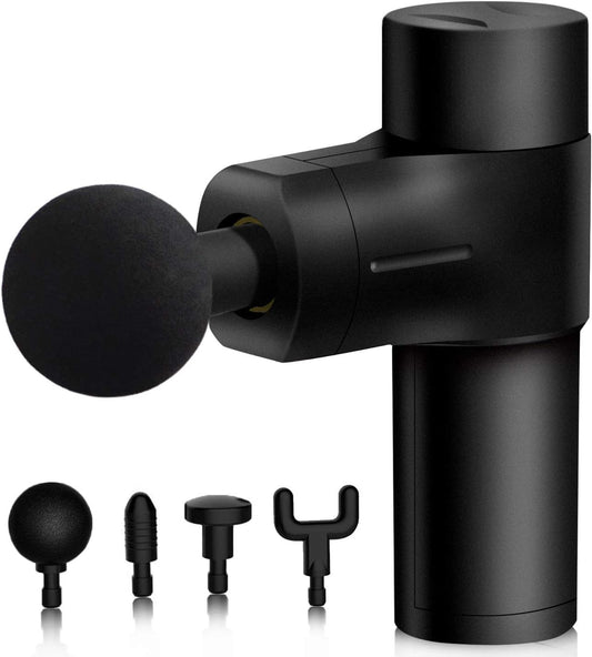 Mini Deep Tissue Massage Gun - Portable Percussion Muscle Massager for Pain Relief - Super Quiet Handheld Electric Massager - Features 4 Speeds and 4 Massage Heads - Color: Black.